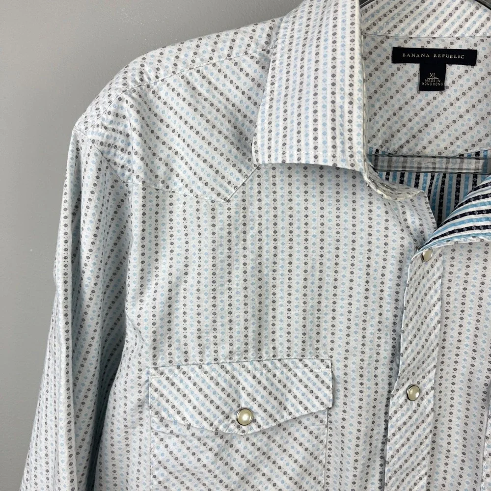 Vintage Banana Republic Pearl Snap Shirt Mens XL Blue White Long Sleeve Y2K